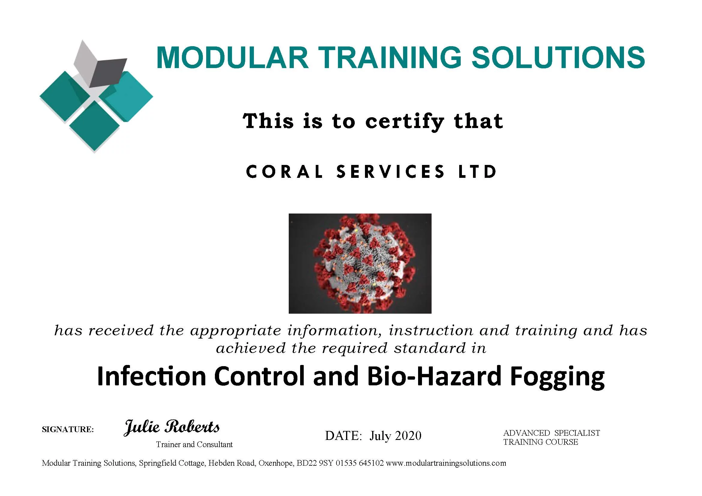 Disinfection Control and Bio-Hazard Fogging Certificate Disinfection Control and Bio-Hazard Fogging Certificate